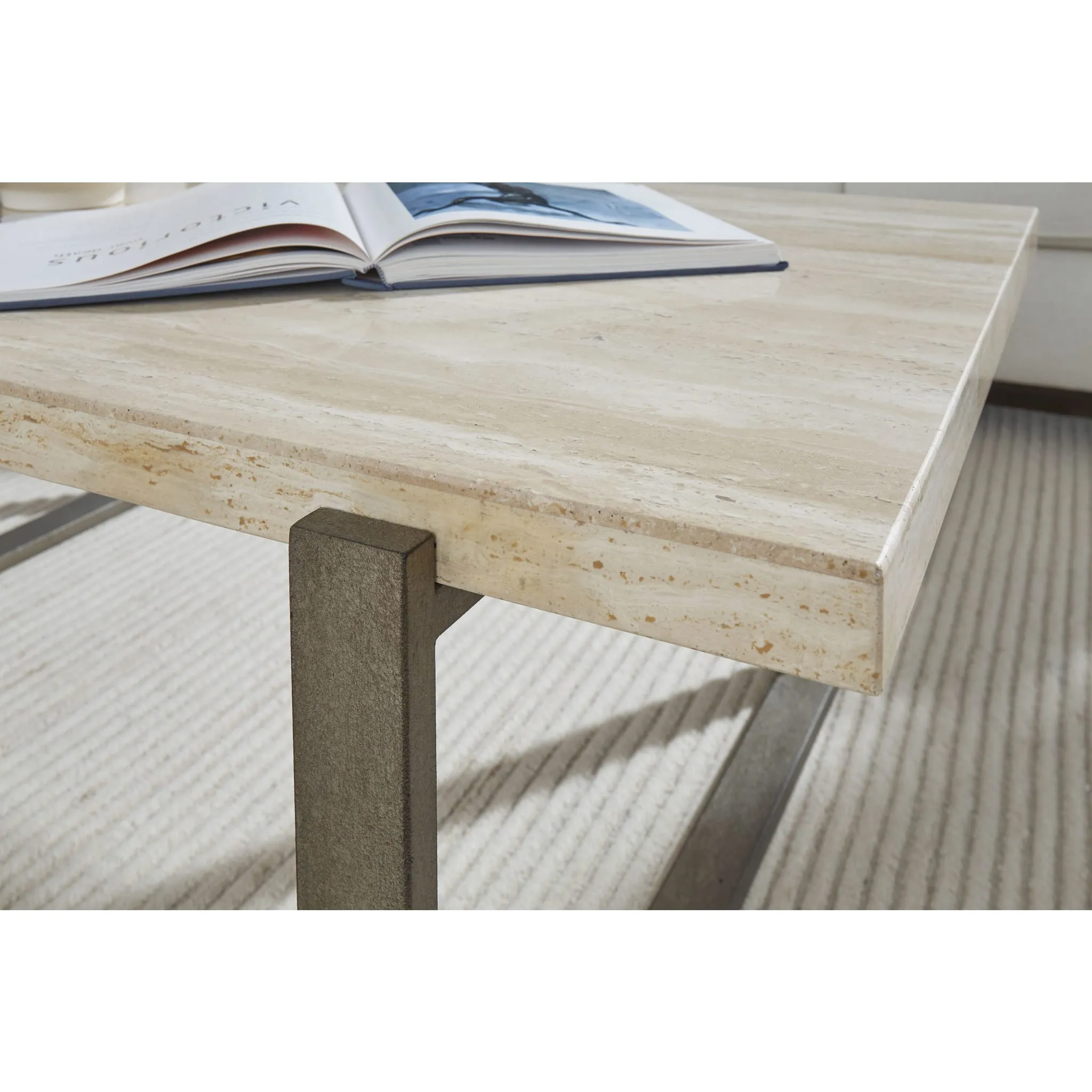 Ariela Natural Travertine Coffee Table with Bronze Metal Base Modus