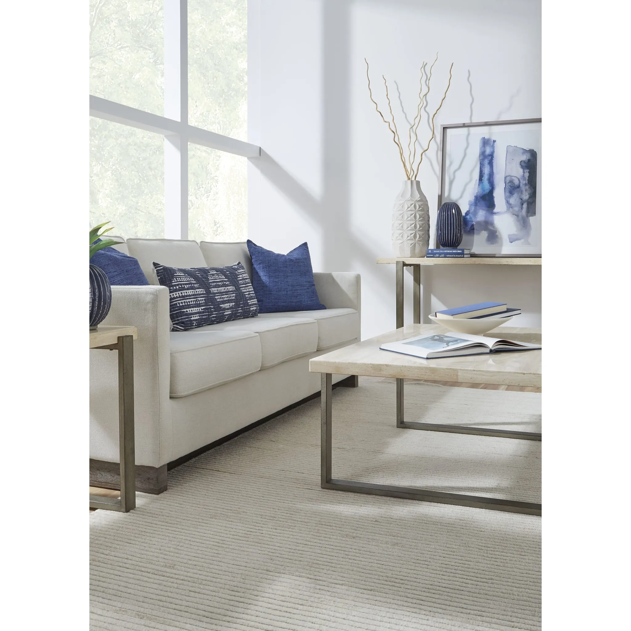 Ariela Natural Travertine Coffee Table with Bronze Metal Base Modus