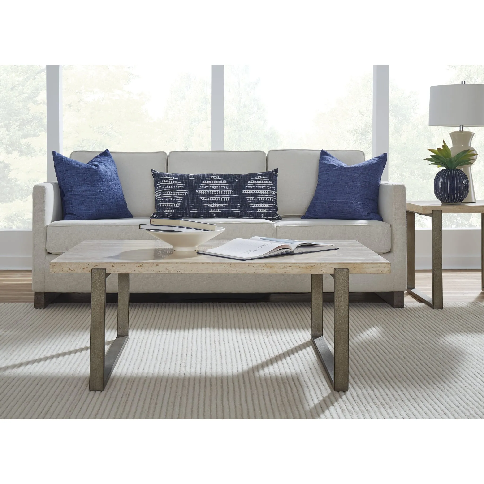 Ariela Natural Travertine Coffee Table with Bronze Metal Base Modus