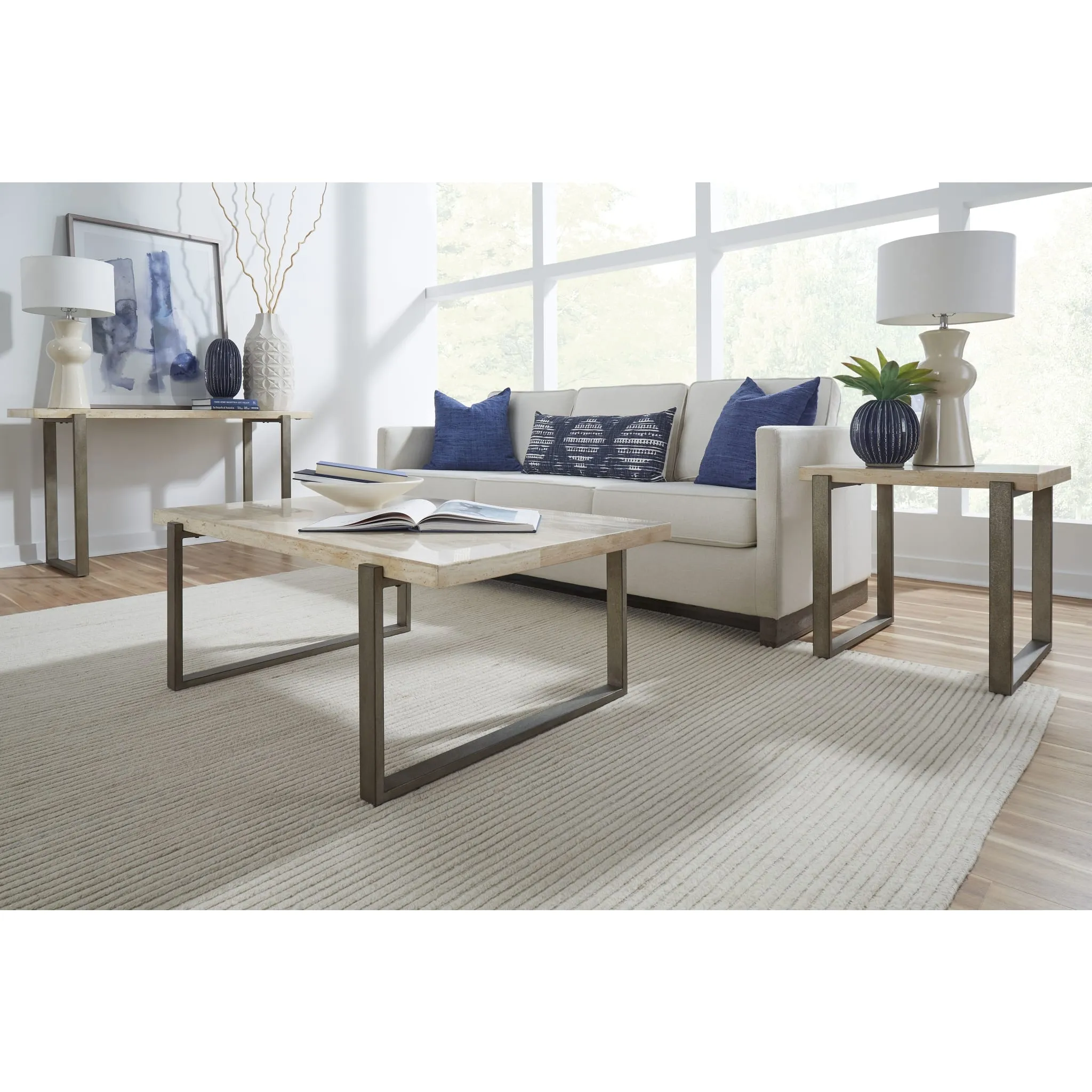 Ariela Natural Travertine Coffee Table with Bronze Metal Base Modus