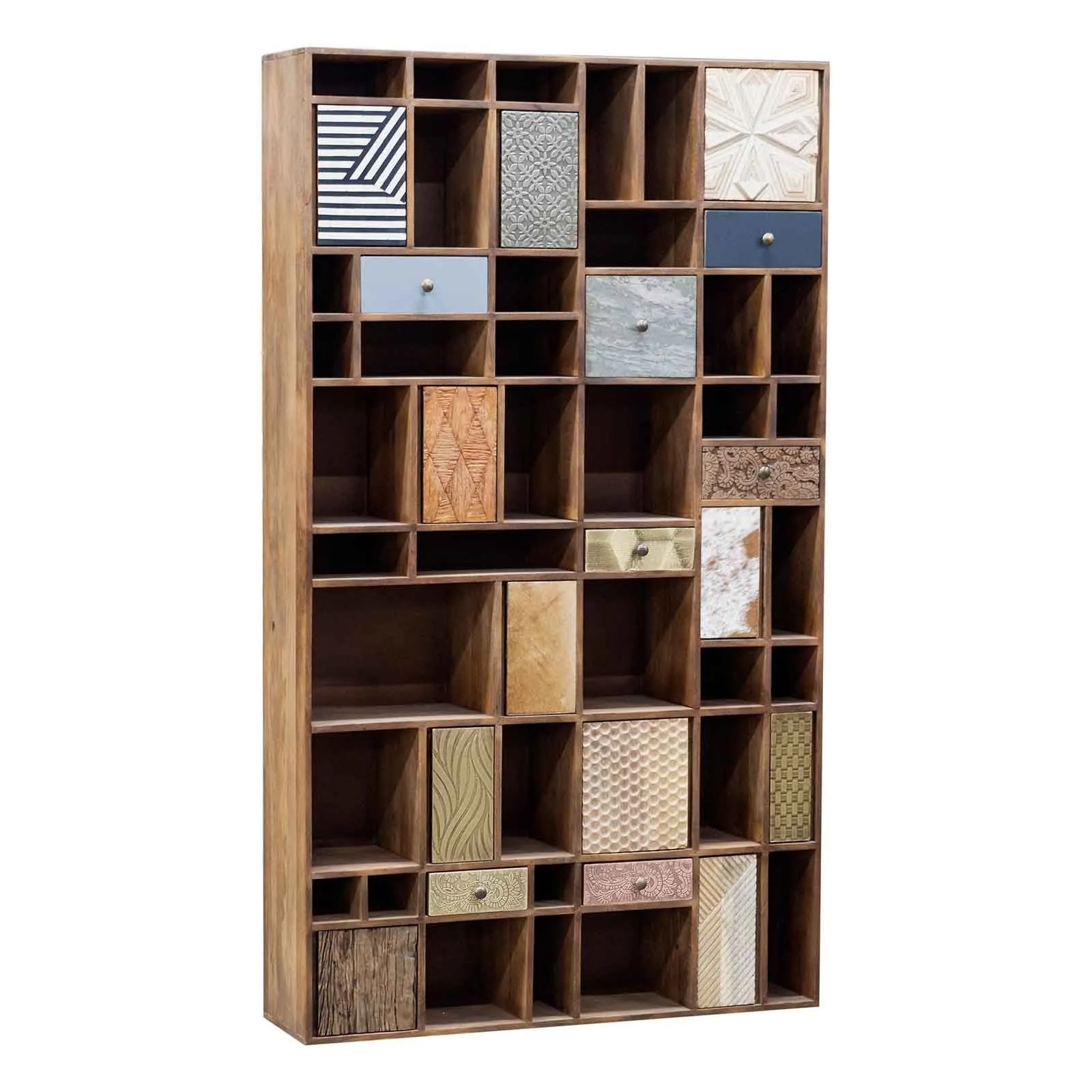 Bibliothque multi-matriaux peau de vache bois sculpt | Manguier Terranova