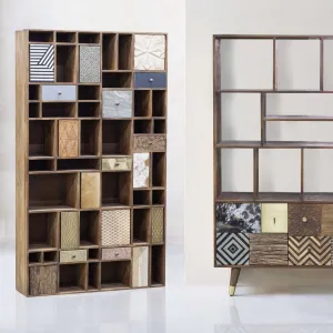 Bibliothque multi-matriaux peau de vache bois sculpt | Manguier Terranova