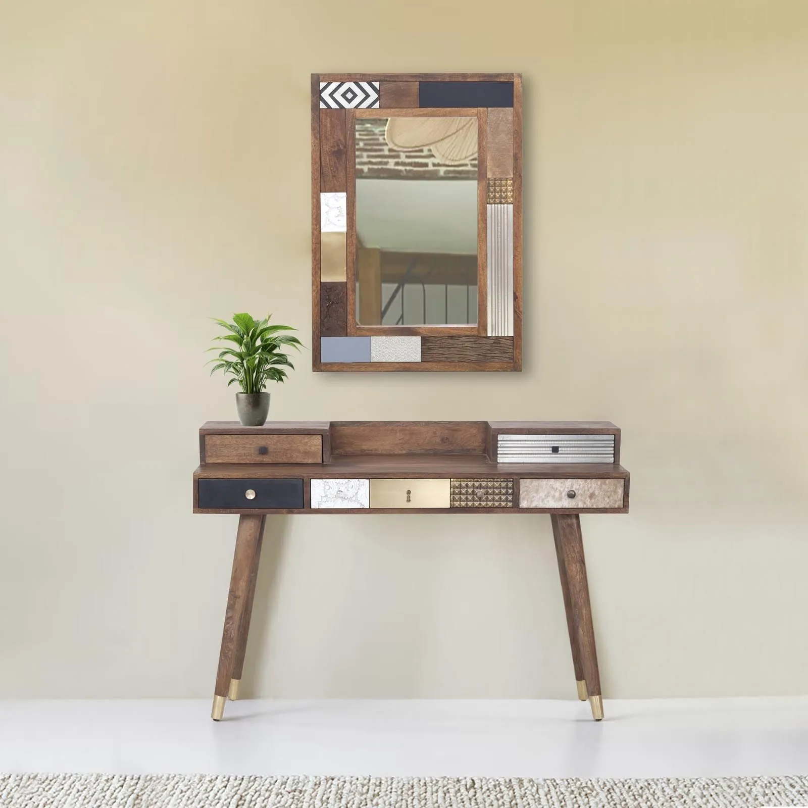 Bureau multi-matriaux peau de vache bois sculpt | Manguier Terranova