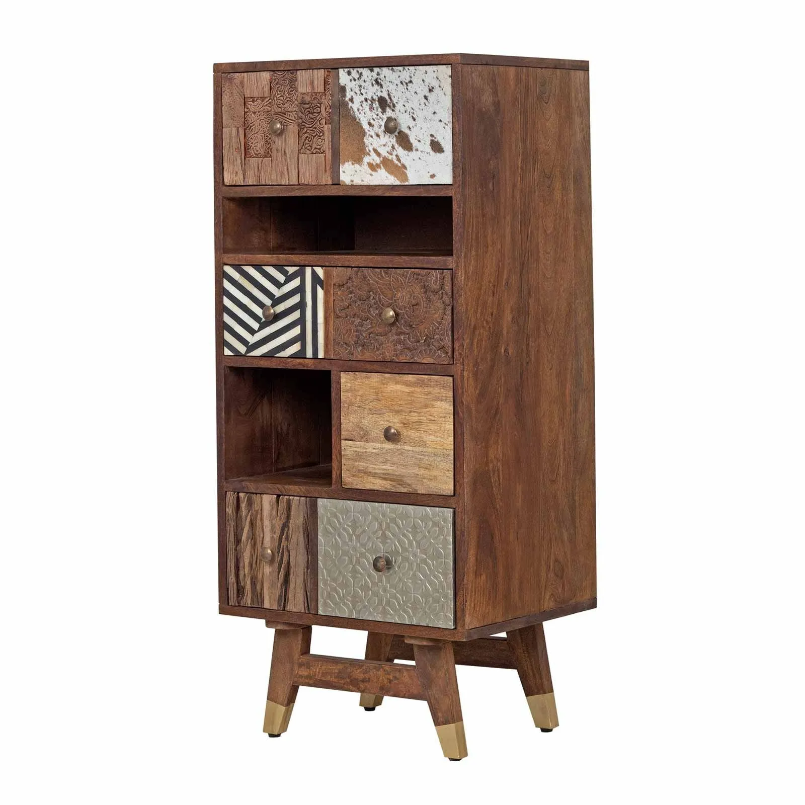 Chiffonnier multi-matriaux peau de vache bois sculpt | Manguier Terranova