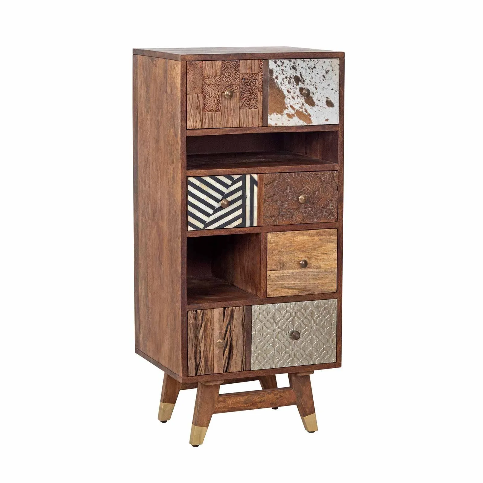 Chiffonnier multi-matriaux peau de vache bois sculpt | Manguier Terranova
