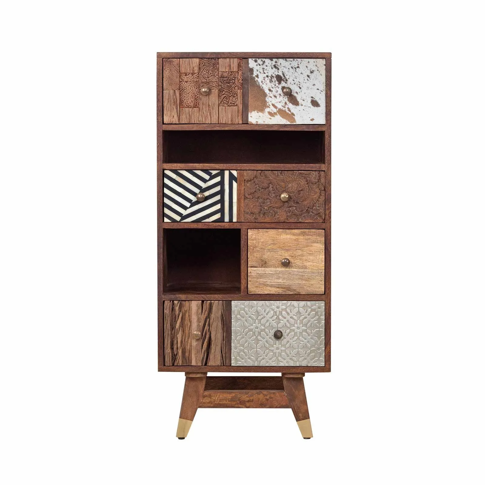 Chiffonnier multi-matriaux peau de vache bois sculpt | Manguier Terranova