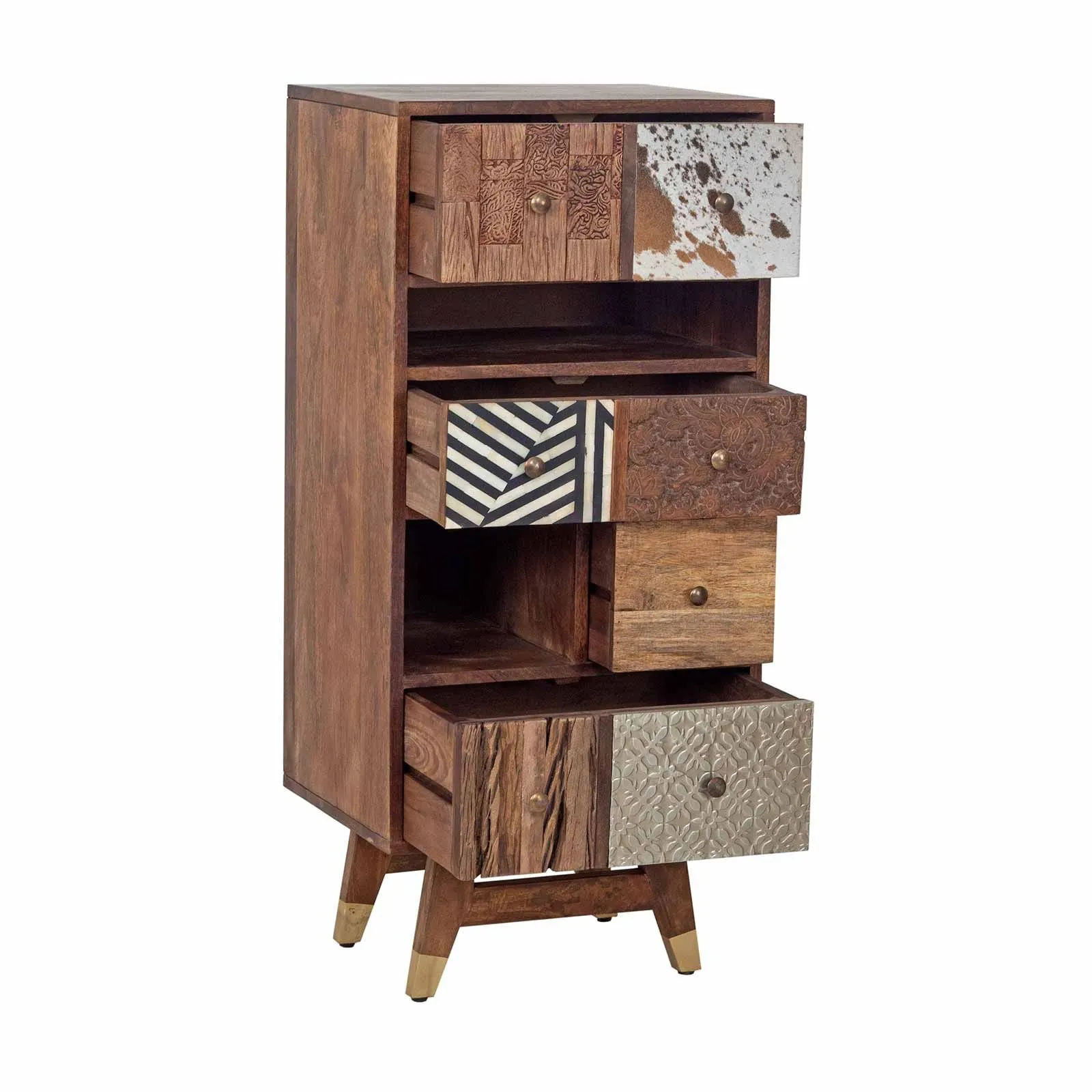 Chiffonnier multi-matriaux peau de vache bois sculpt | Manguier Terranova