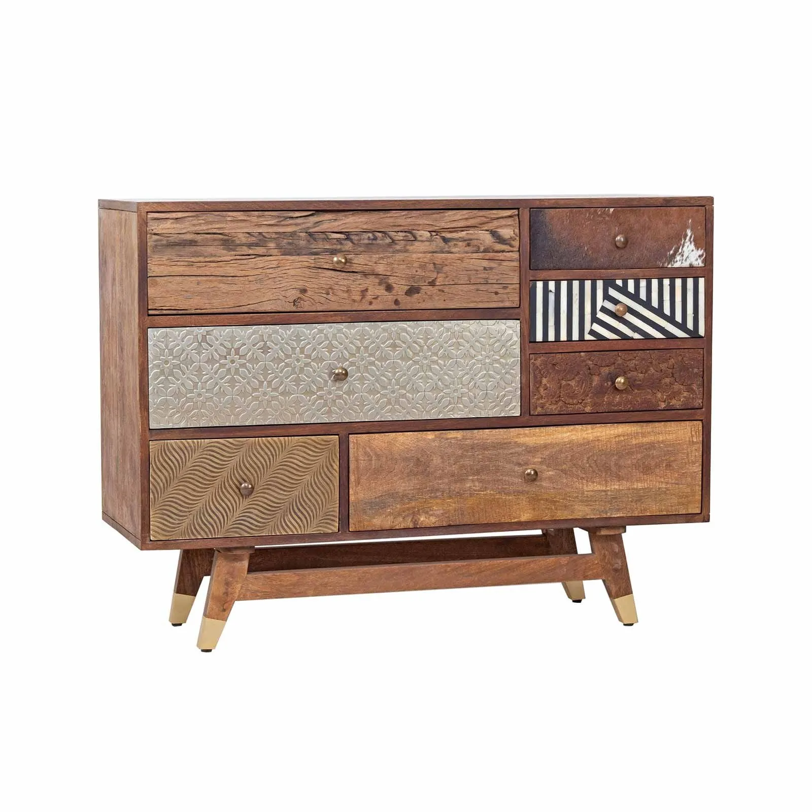 Commode multi-matriaux peau de vache bois sculpt | Manguier Terranova
