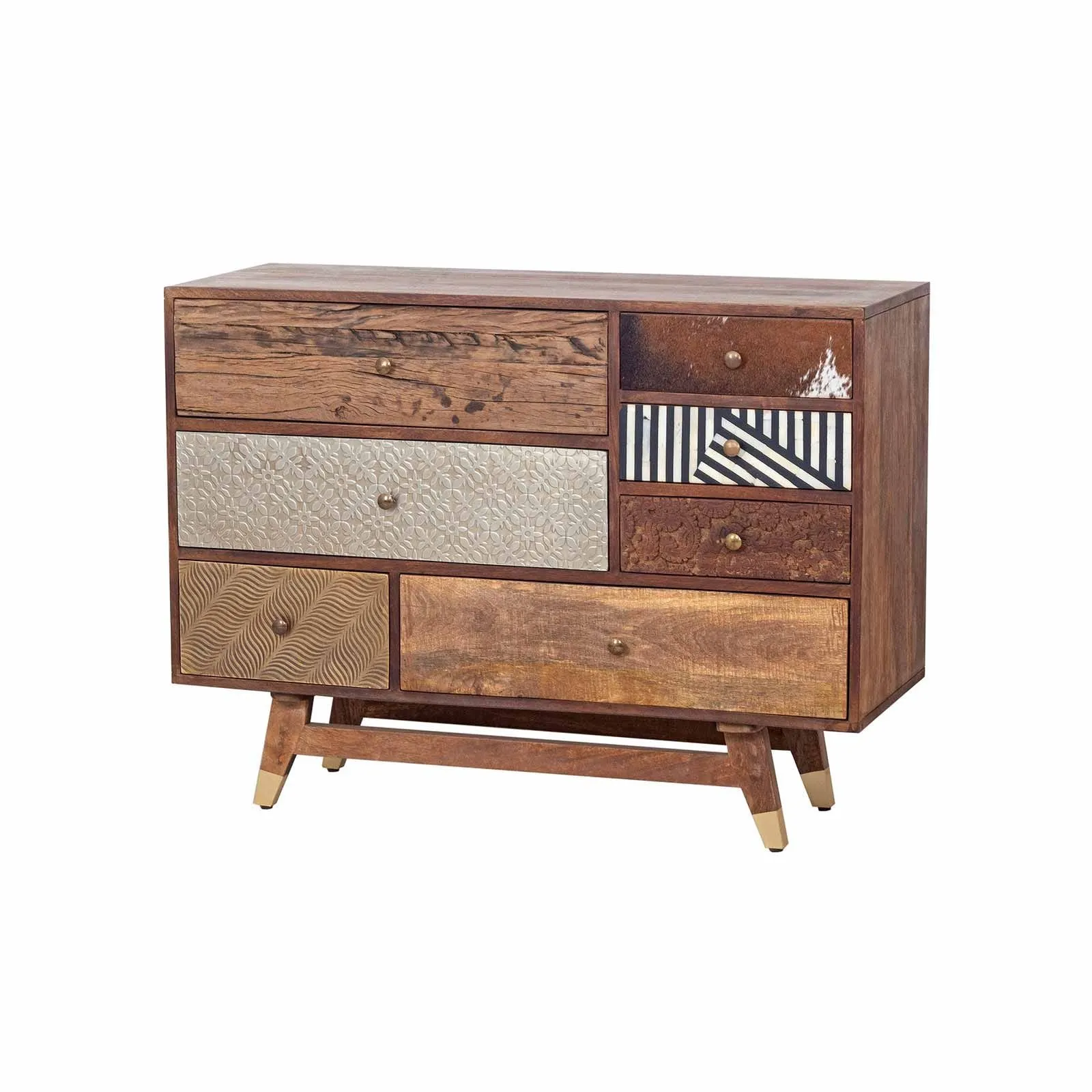 Commode multi-matriaux peau de vache bois sculpt | Manguier Terranova