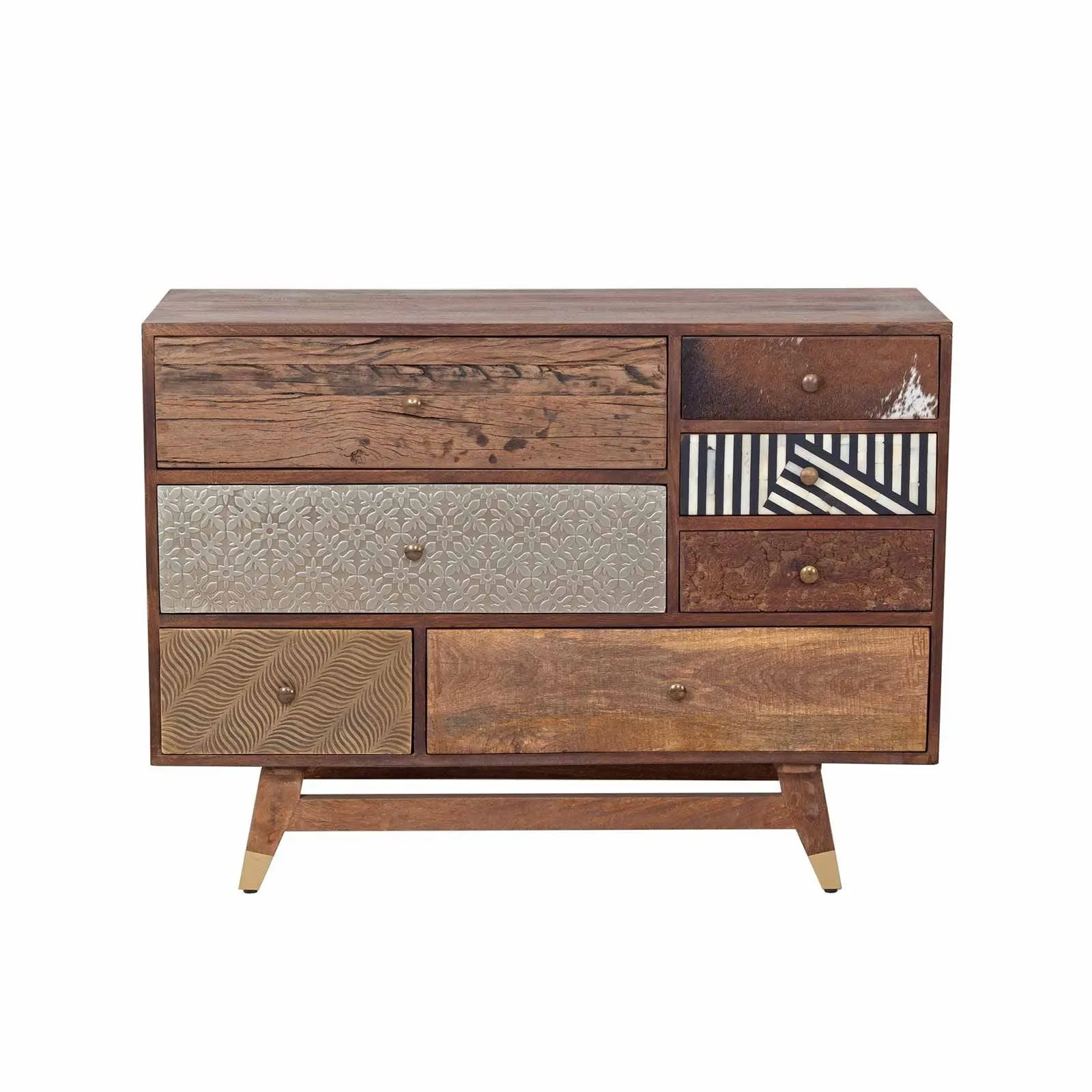 Commode multi-matriaux peau de vache bois sculpt | Manguier Terranova