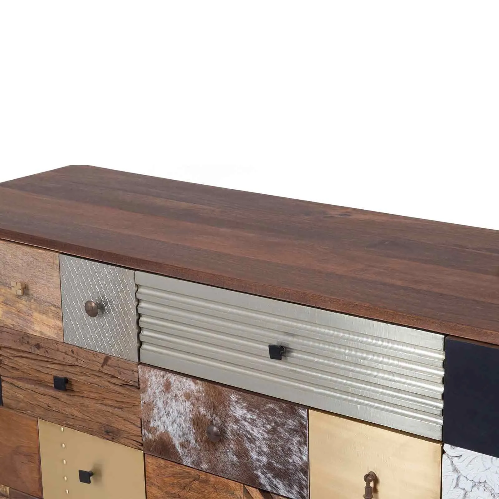 Meuble d'entre multi-matriaux peau de vache bois sculpt | Manguier Terranova