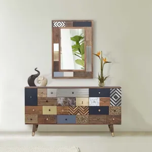 Meuble d'entre multi-matriaux peau de vache bois sculpt | Manguier Terranova