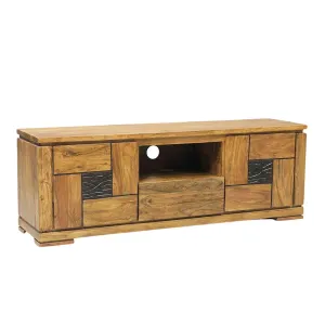 Meuble TV bois sculpt bicolore 160 2P 1T | Acacia Maya