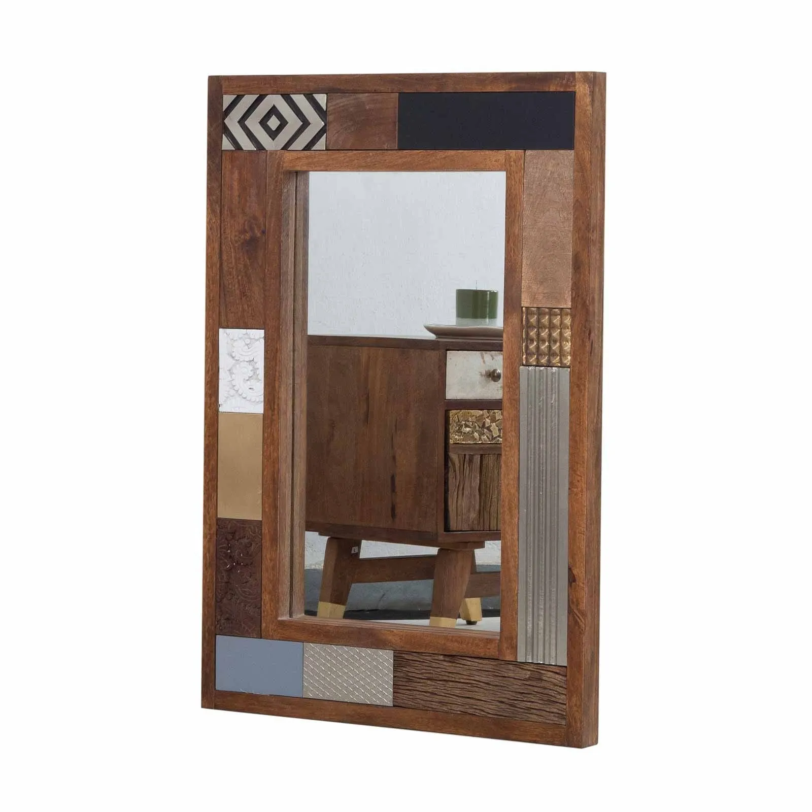 Miroir multi-matriaux peau de vache bois sculpt | Manguier Terranova