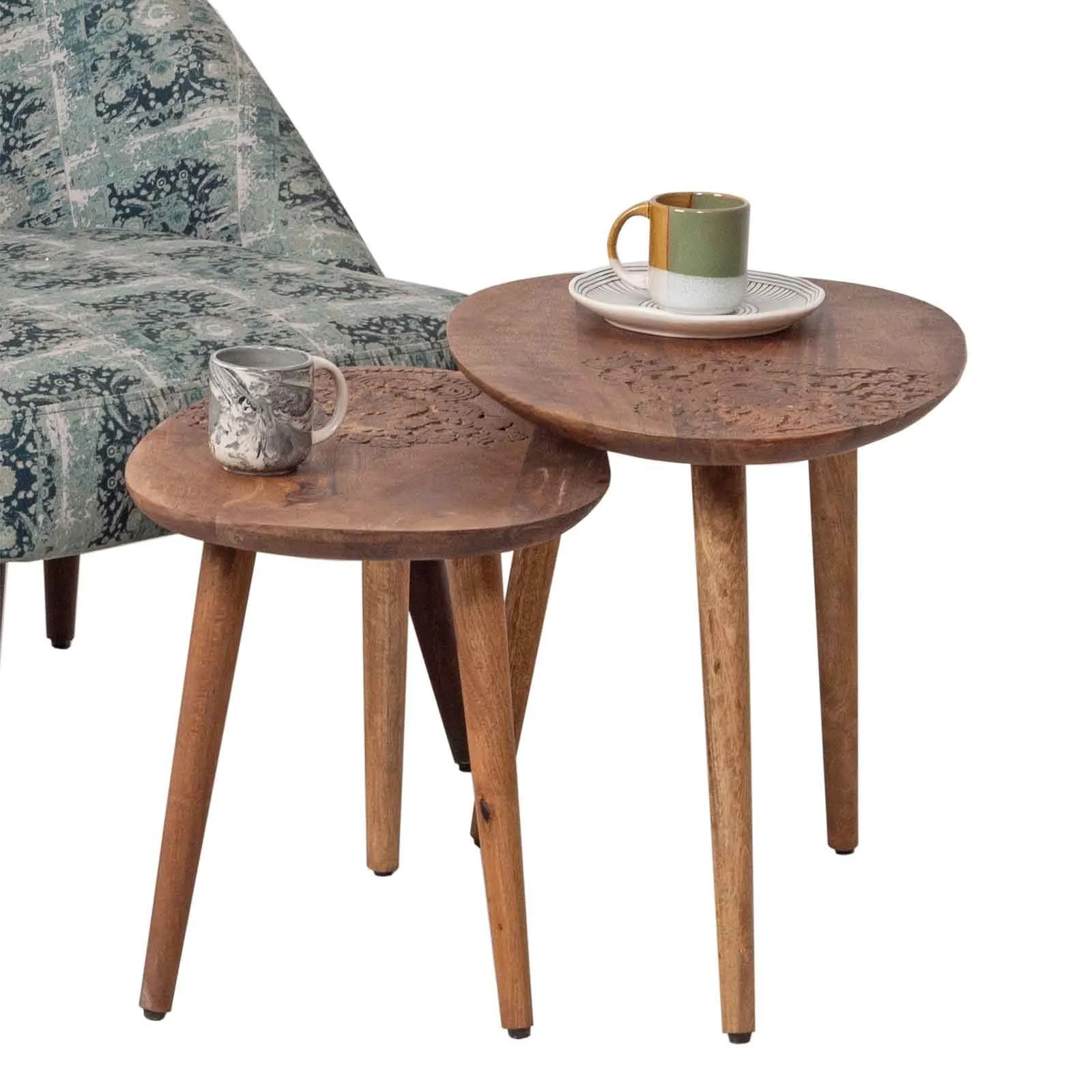 Set 2 tables d'appoint plateau sculpt bois massif | Acacia Adir