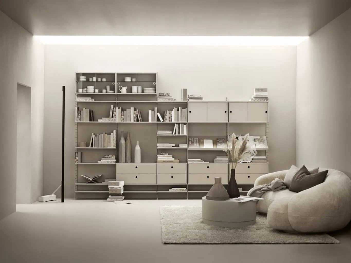 String Furniture String System Cabinet Element With Sliding Glass Doors, Beige