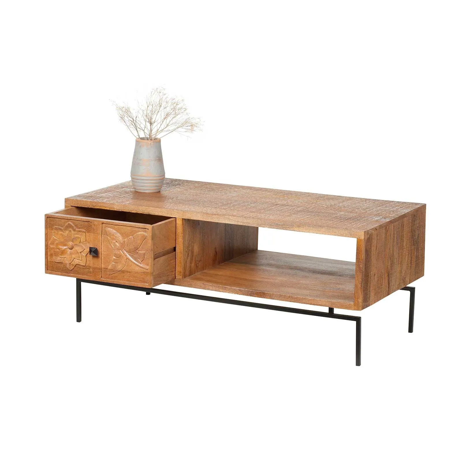 Table basse sculpte 1 tiroir, 1 niche | Manguier Sculture