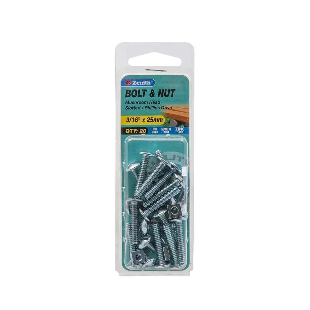 Zenith Bolt & Nut Mush ZP 3/16" x 25mm (20pk)